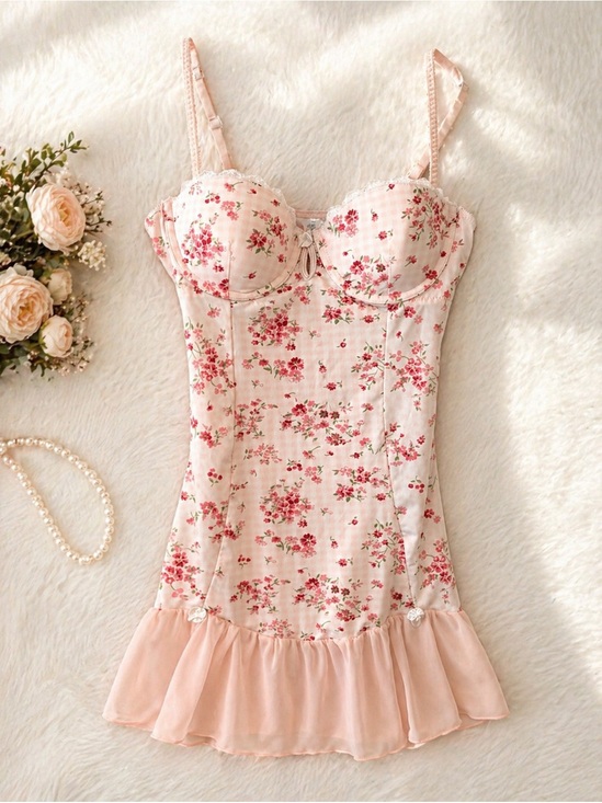 Source Unknown Other - Vintage Style Floral Corset Chemise Pink Lace Bustier Coquette Balletcore Y2K